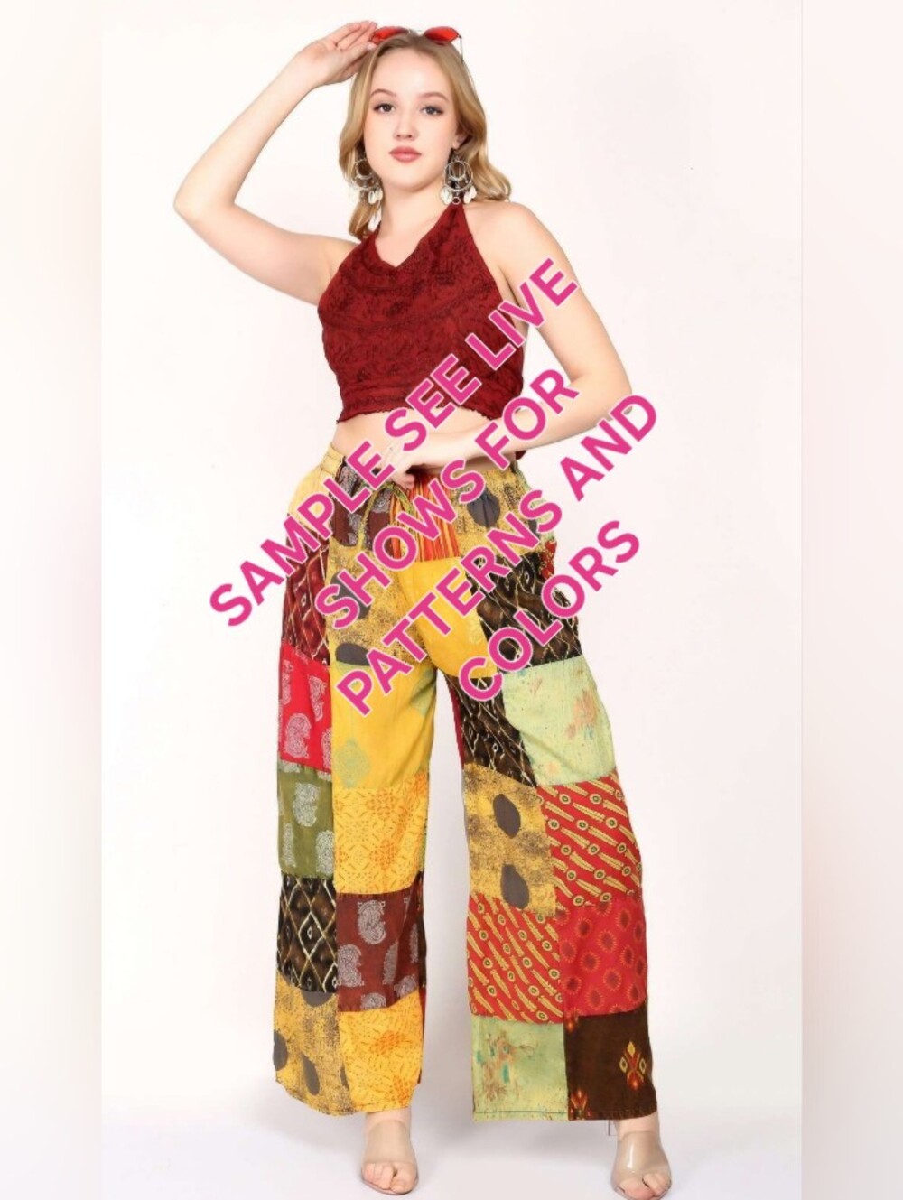 Cotton Patchwork Wide-Leg Lounge Pants in Multicolor With Pockets